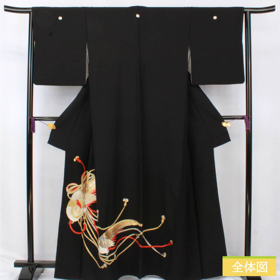 Black Tomesode (Japanese Kimono) - Pure Silk, Grade A, Length 161.5cm, Sleeve Length 64cm, Lined, Five Crests, Swallowtail Butterfly Embroidery, Bird Design, Braided Cord, Black, Item Number 1111001813410