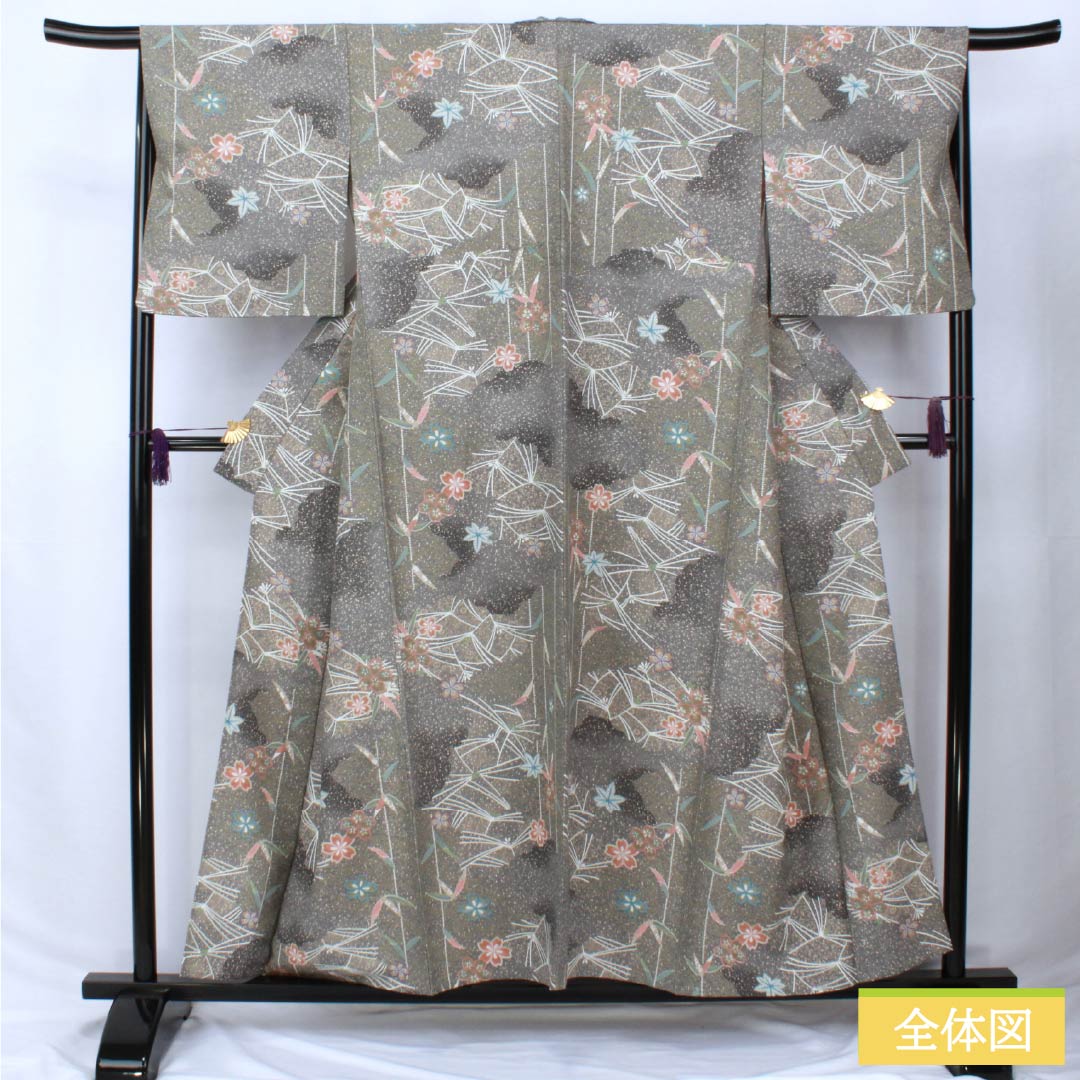 Komon (small pattern) kimono, polyester, length 156cm, sleeve length 66cm, single-layer, lead-colored (namari-iro) kimono, classic pattern, washable, S rank, gray, product number 1115005912322
