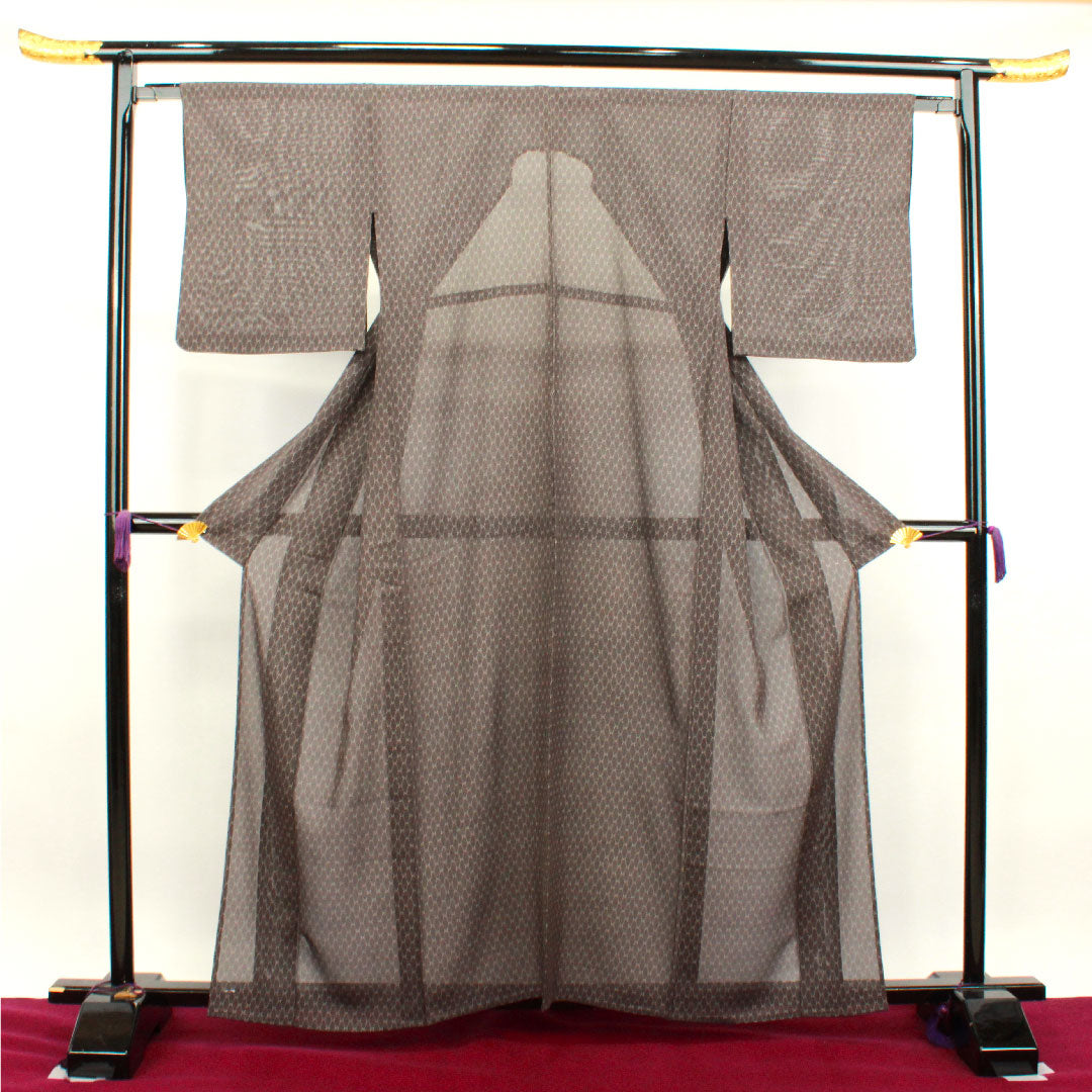 Summer pure silk komon kimono, length 160cm, sleeve length 63.5cm, dark grey, geometric pattern, silk, A rank, brown, 1132001673414