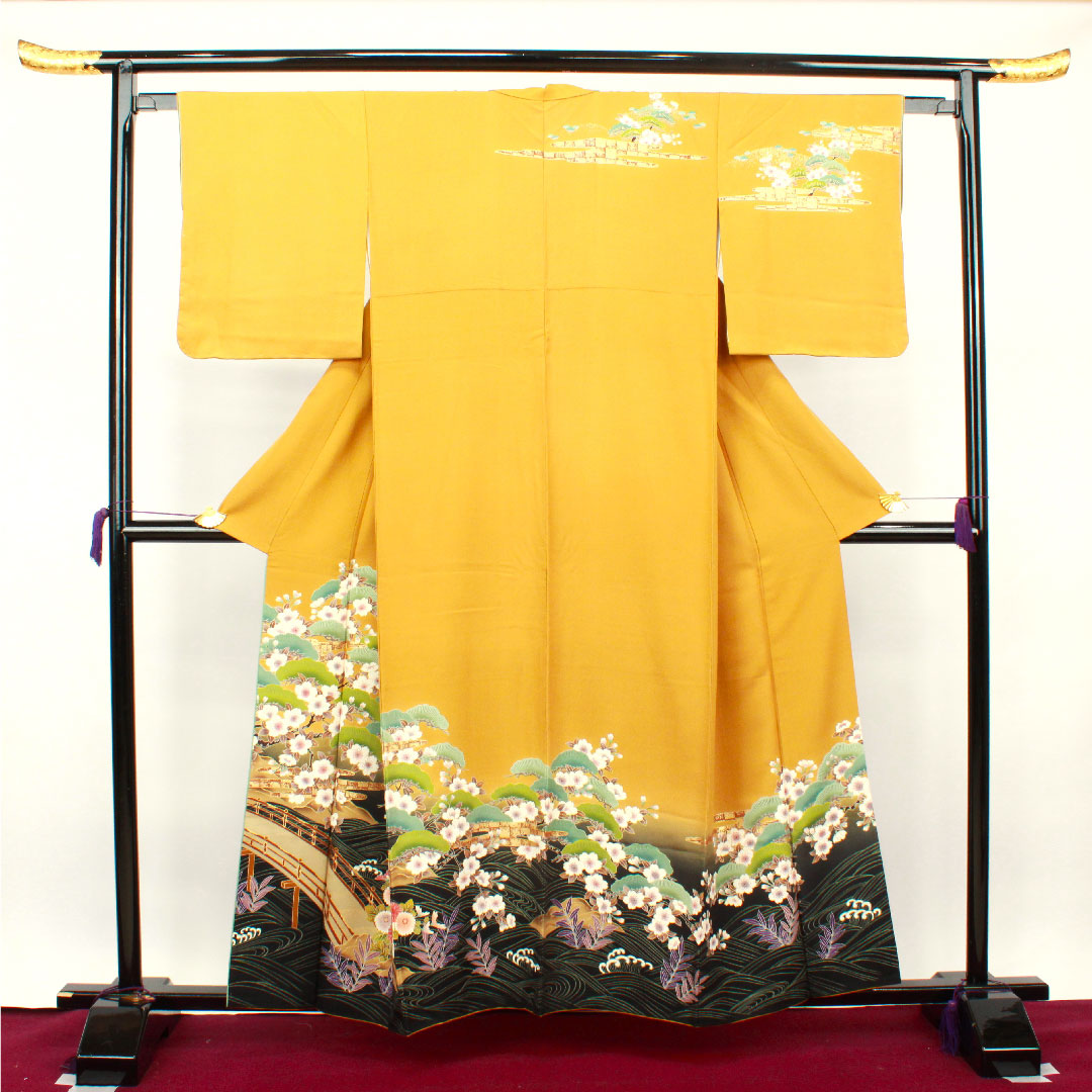 Homongi, lined, length 158.5cm, sleeve length 61.5cm, tan, Kyo-Yuzen, cherry blossom, pure silk, S rank, yellow, 1112002212323