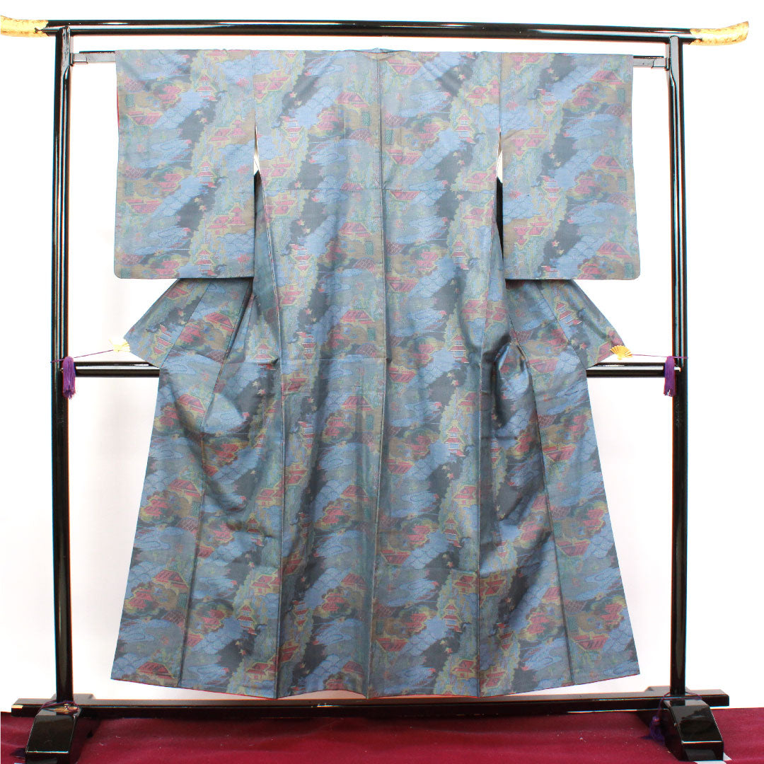大島紬 身丈154cm 裄丈62cm 青袋鼠色 緯総絣 風景模様 正絹 Aランク 袷 青系 1116002673217