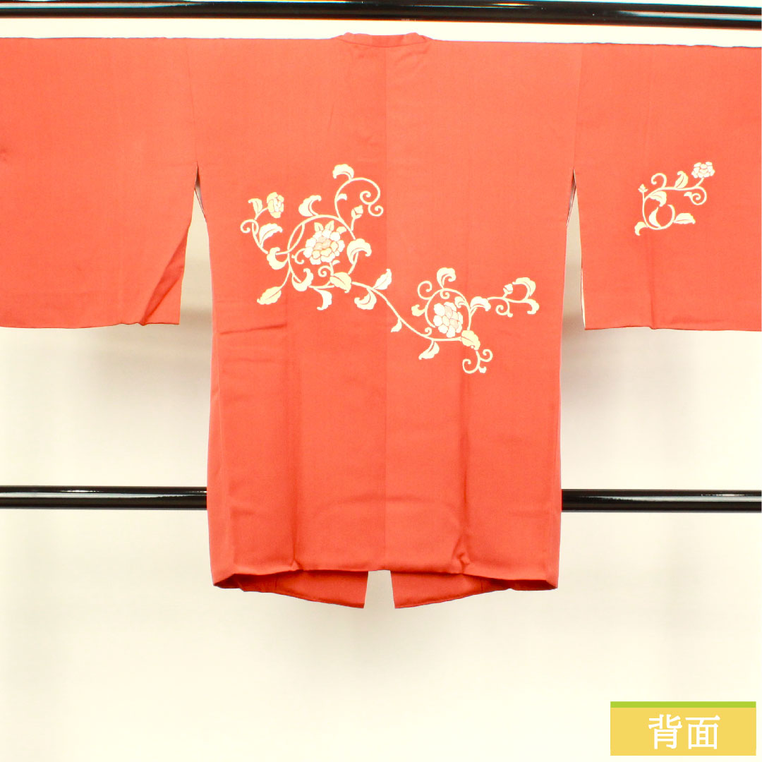 Michiyuki coat, pure silk, length 90.5cm, sleeve length 68cm, benigara color, pearl tone processing, Kyo-Yuzen, floral pattern, S rank, lined, vermilion, 1117000802916