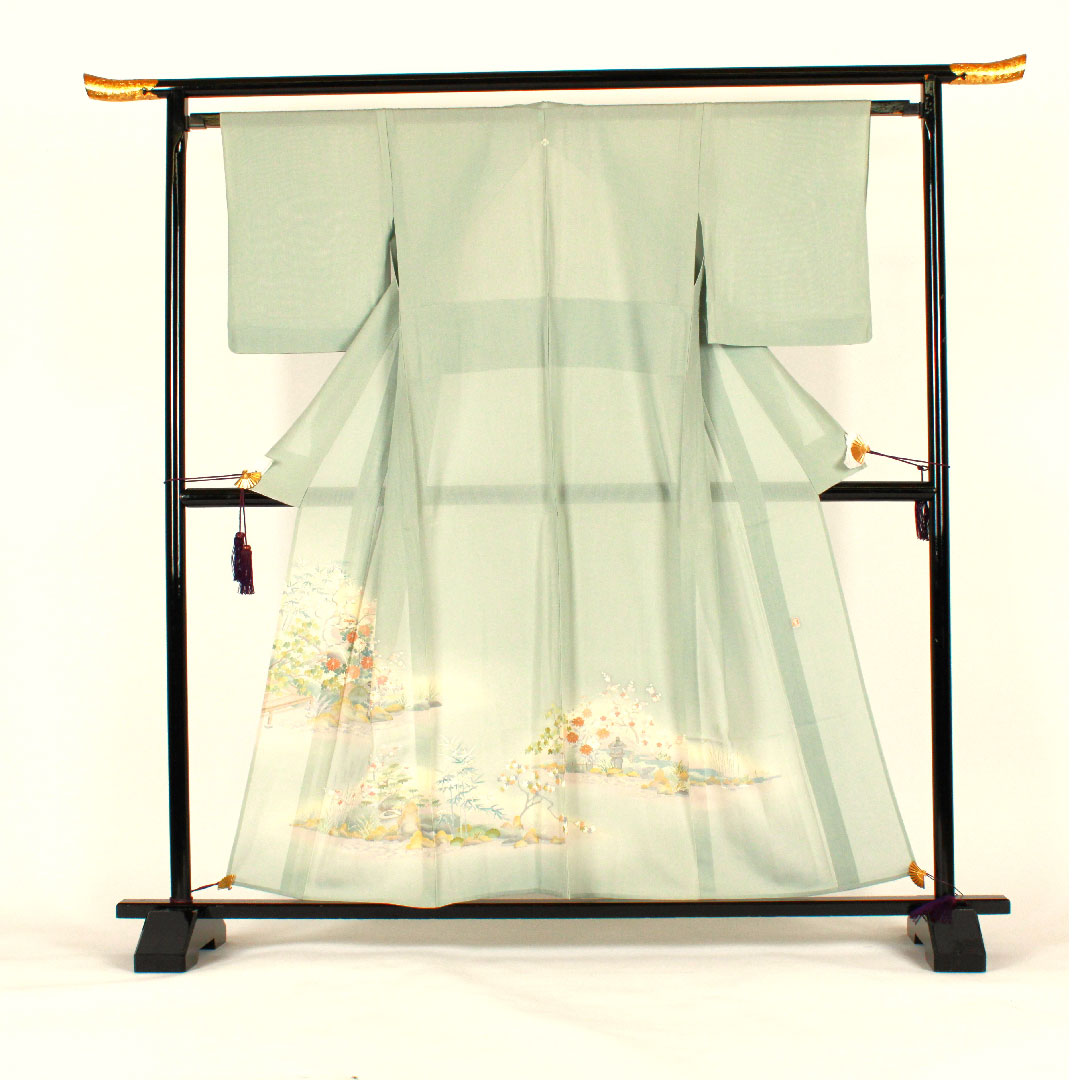 Colored Tomesode, Length 156.5cm, Sleeve Length 64cm, Gauze, Garden Scenery, Artist's Work, Pure Silk, A Rank, One Crest, Green, 1111000153319
