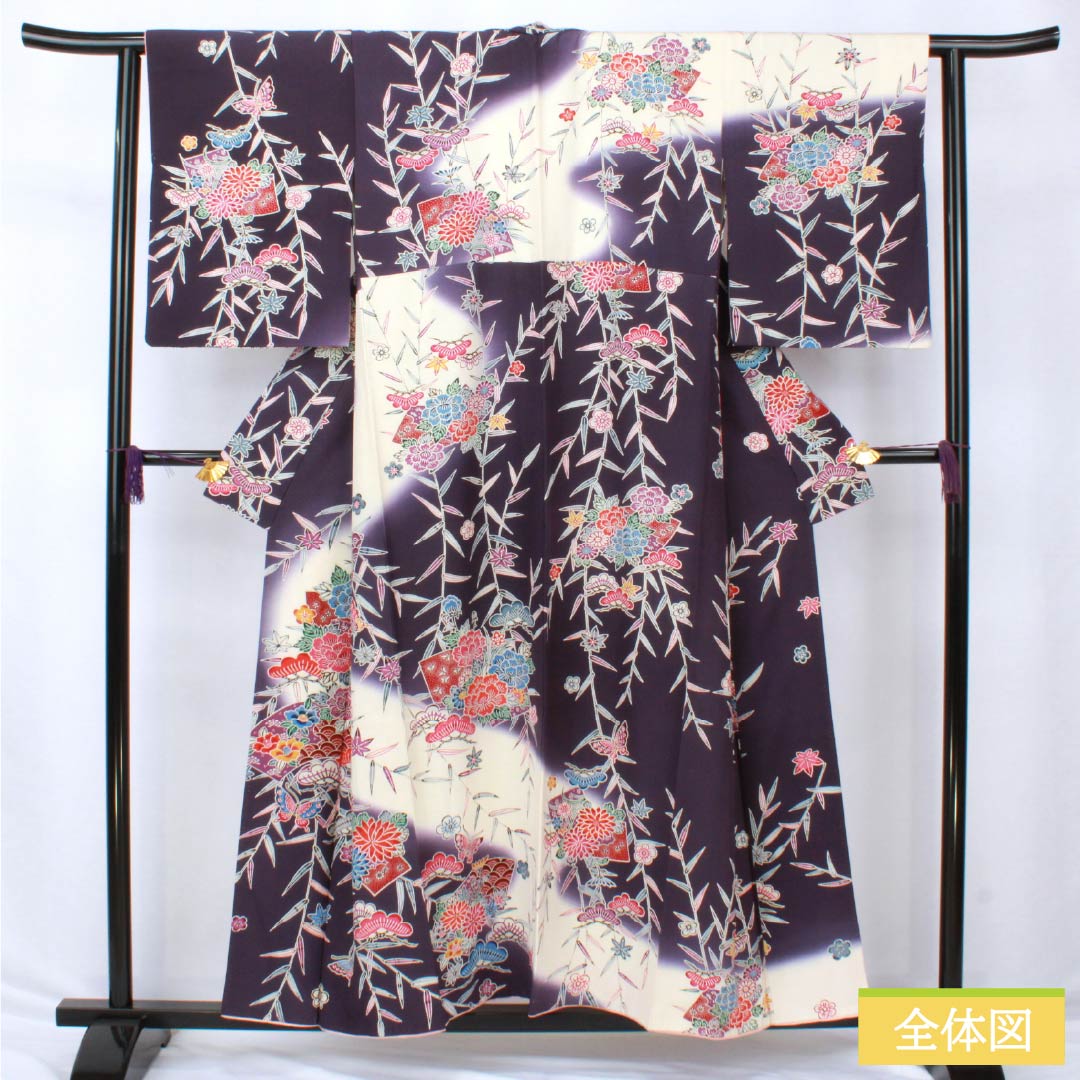 Homongi Silk A Rank Awase 155.5cm Length 62cm Sleeve-to-sleeve Deep Purple Kyo-Bingata Pine, Bamboo, Plum, Butterfly, Fan, Chrysanthemum Purple System 1112006403320