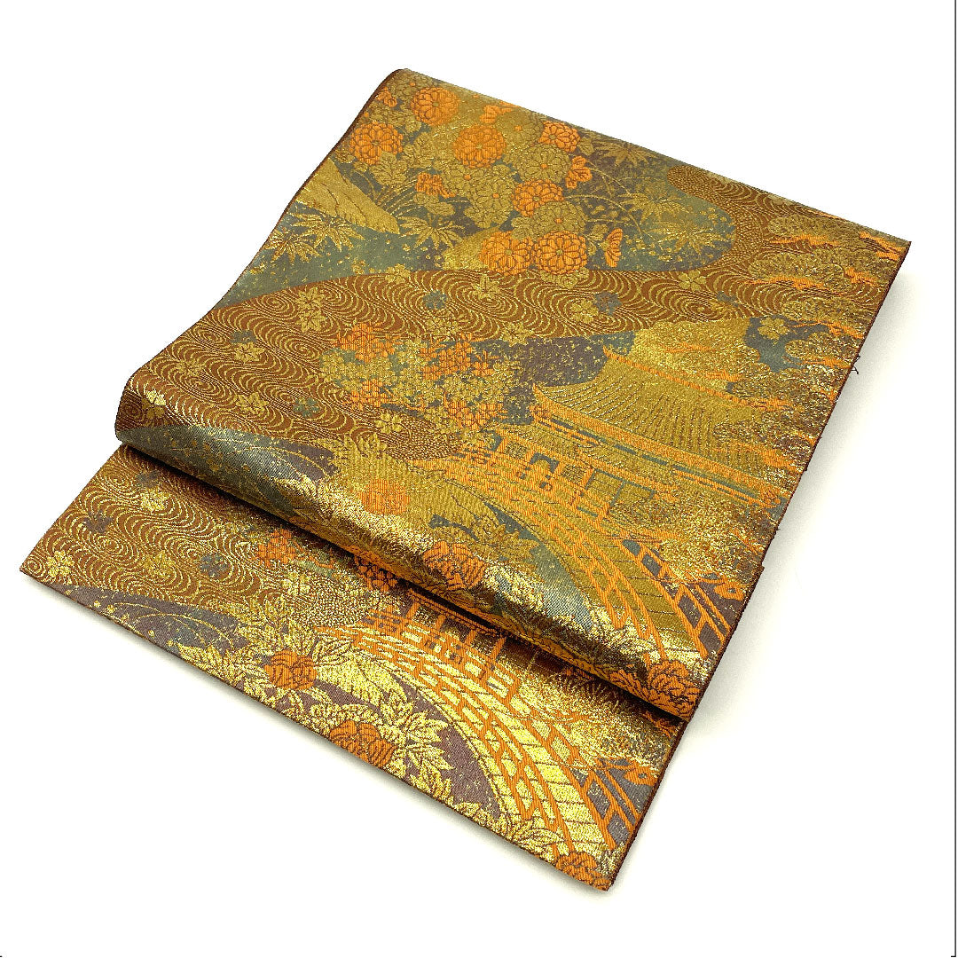 袋帯 手織り 御所絵巻文様 本金箔24金 帯丈432cm 正絹 Aランク 六通 フォーマル 茶系 1123003653314