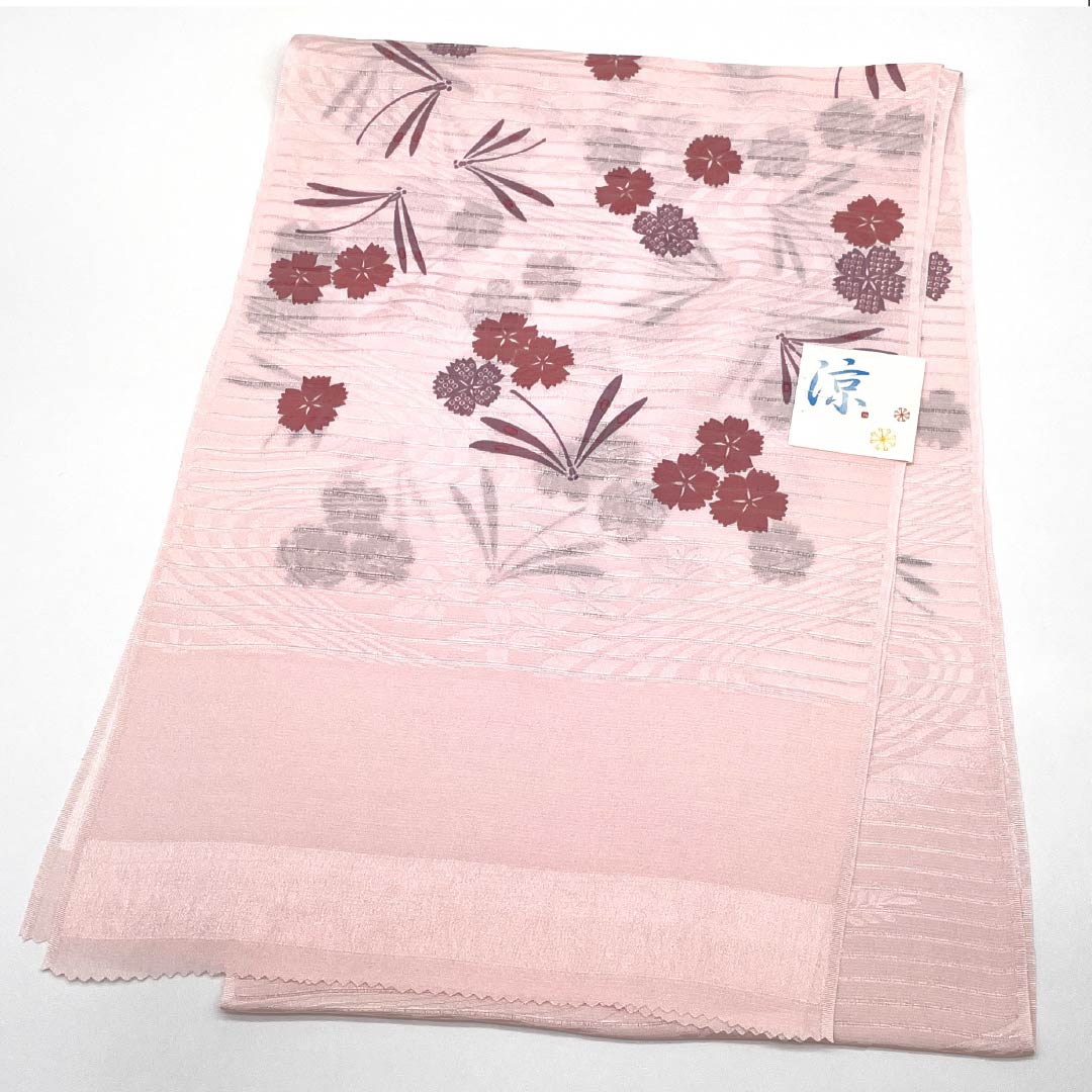 (新品)帯揚げ 正絹 セミフォーマル 淡紅色(たんこうしょく) 夏物 撫子 トンボ 長さ約170cm 幅約28.5cm NEWランク ピンク系 1136000711913