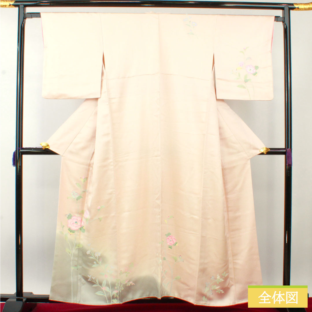 訪問着 正絹 袷 身丈158.5cm 裄丈64.5cm 薄桜色(うすざくらいろ) 京友禅 草花模様 Aランク ピンク系 1112004373313