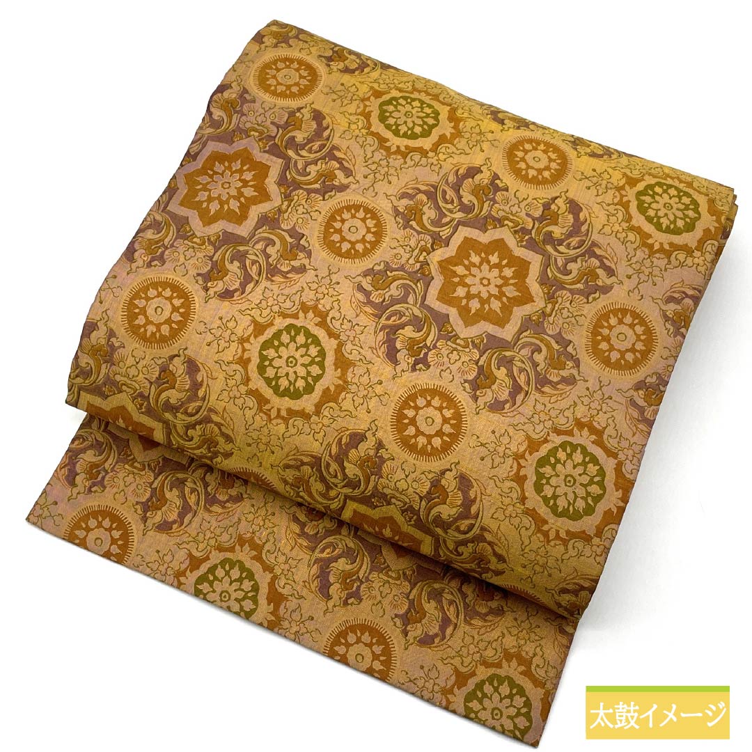 Nagoya obi, dyed obi, pongee fabric, floral pattern, obi length 380cm, pure silk, S rank, full length, casual, gold, 1124007822421, Nagoya style