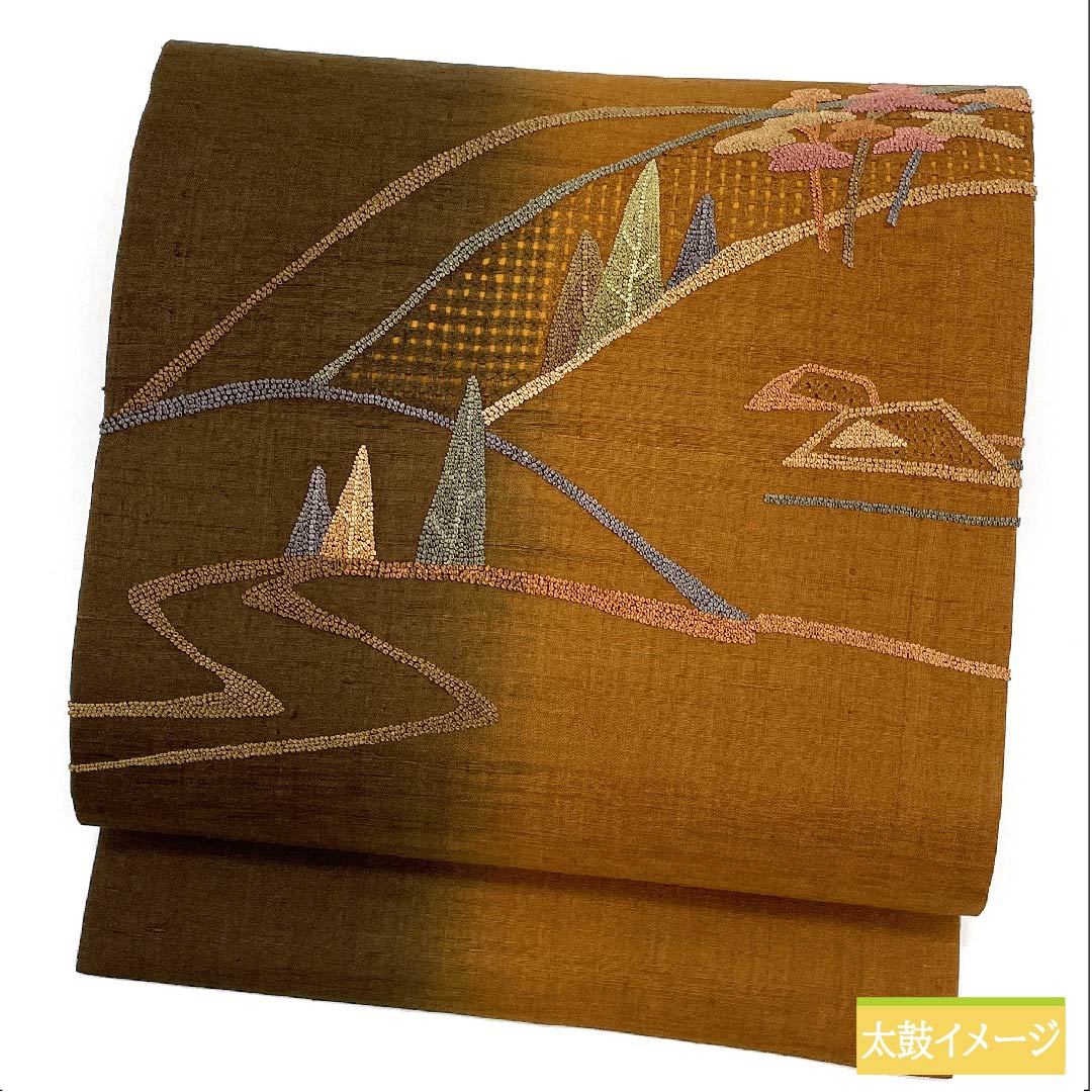 Nagoya obi, pure silk, old-fashioned brown, Sagara embroidery, Satoyama landscape embroidery, obi length 358cm, S rank, point pattern, casual, brown, 1124006332314, Nagoya tailoring