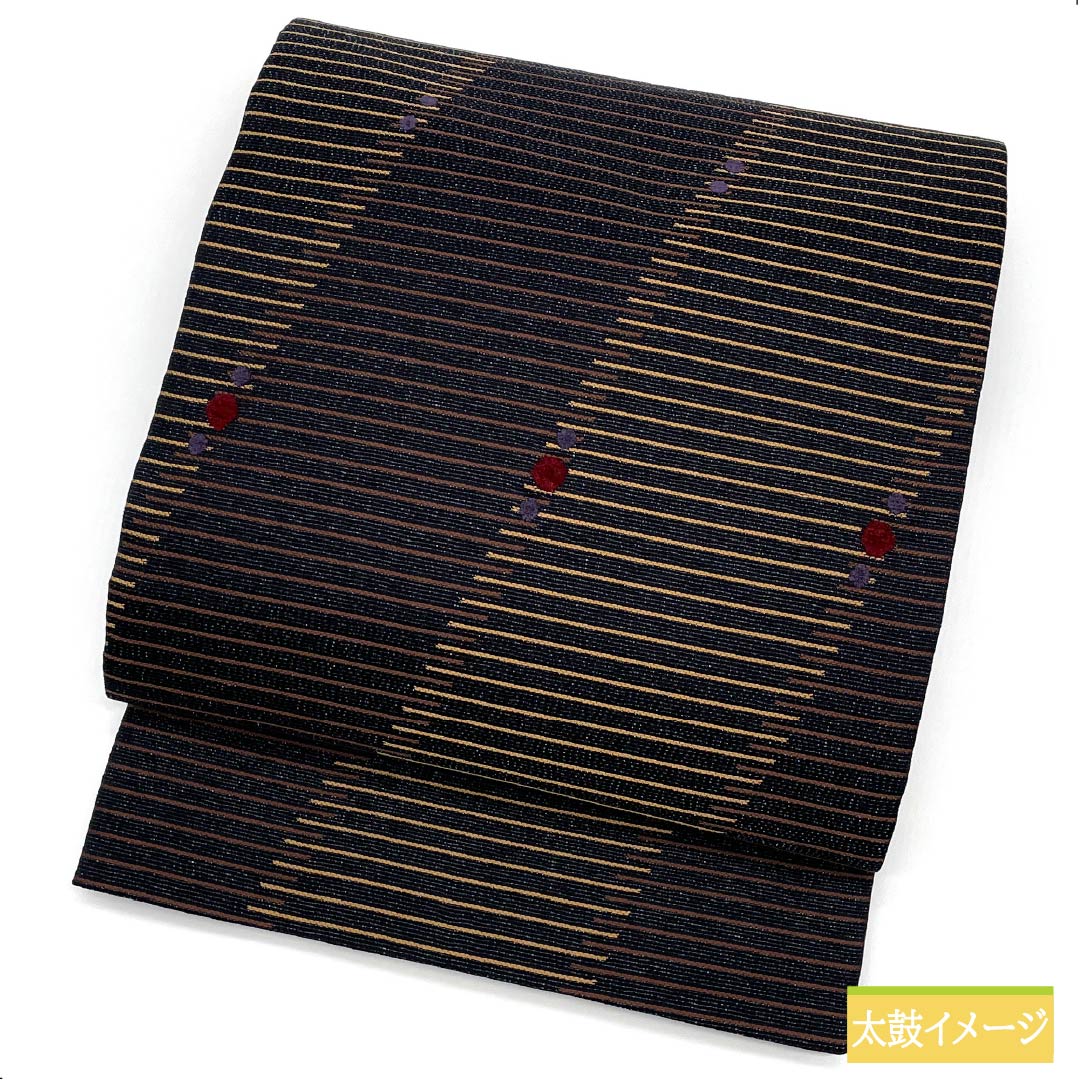 Fukuro Obi, Pure Silk, Black, Horizontal Stripes, Dots, Real Gold and Silver Leaf, Length 438cm, S Rank, Six-way, Semi-formal, Black, 1123012142310