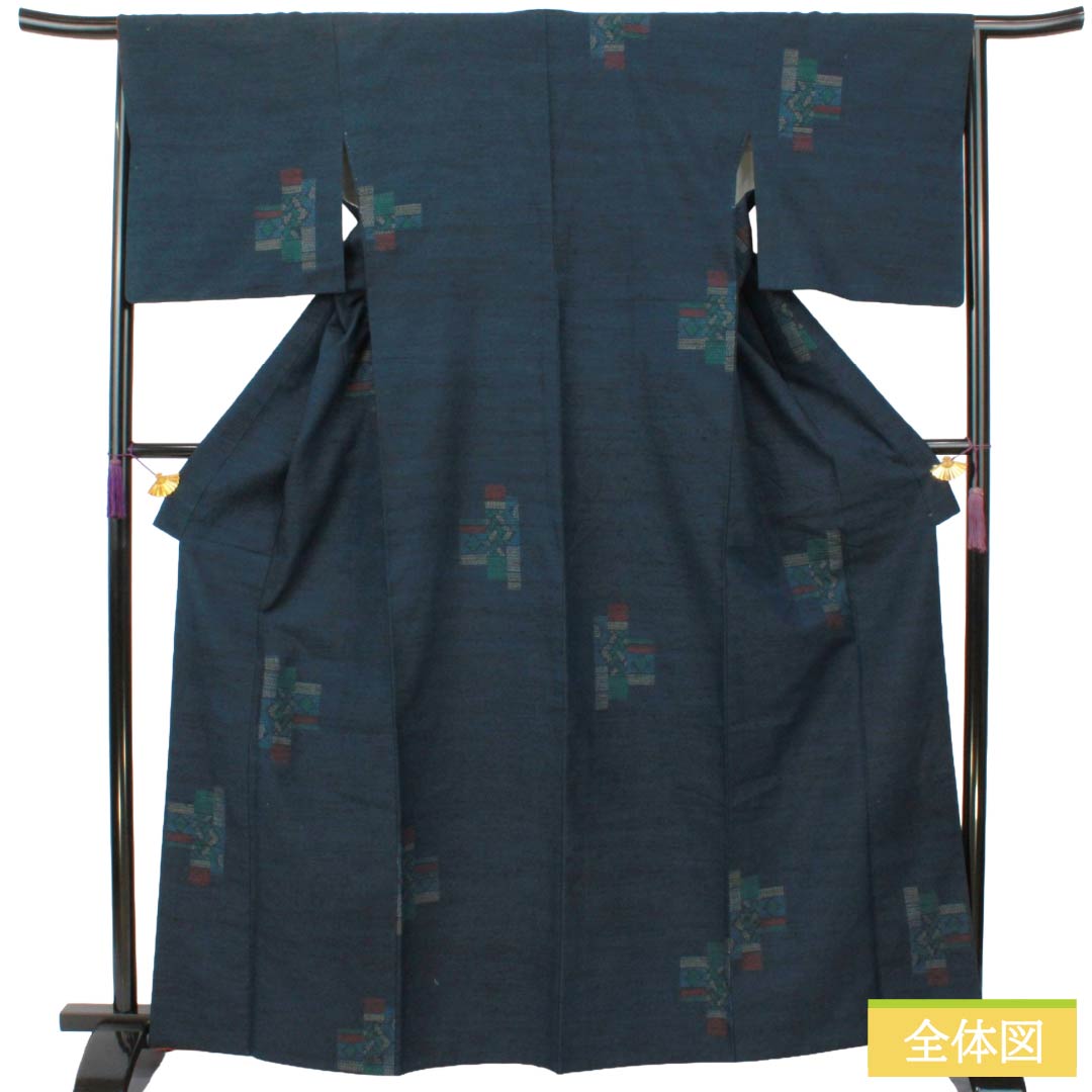Tsumugi Silk S Rank Length 166cm Sleeve length 66cm Dark blue Mashiko Tsumugi Geometric pattern Lined Dark blue 1116005202518