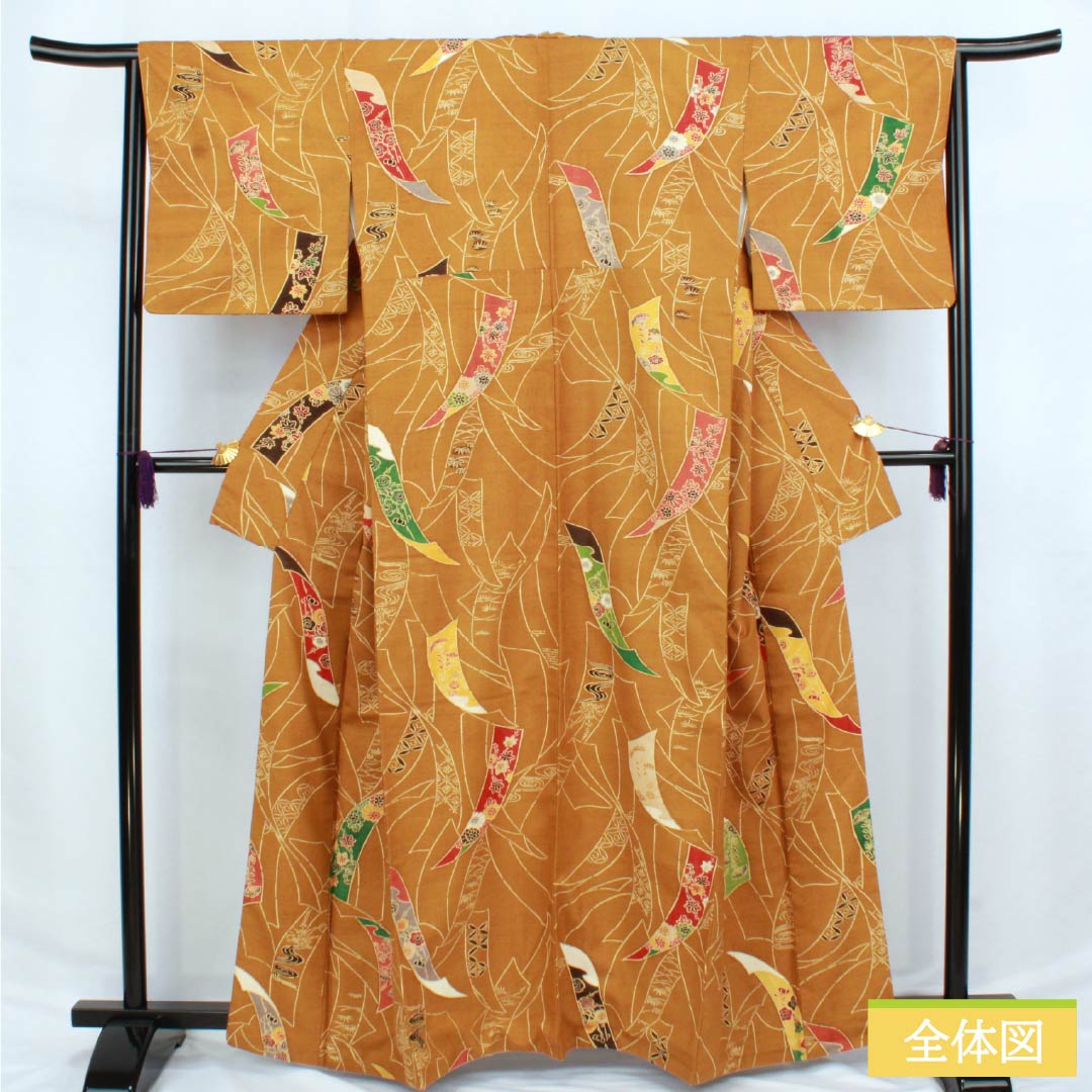 小紋 正絹 Aランク 身丈163.5cm 裄丈64.5cm 袷 金茶色(きんちゃいろ) 京紅型 短冊 紬地 橙系 1115006363426