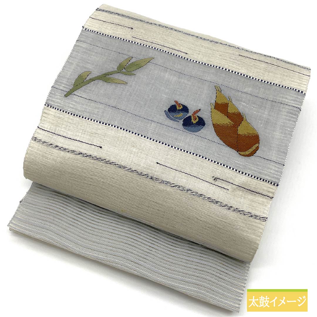 Nagoya obi, pure silk, sky gray, summer obi, vegetable pattern, obi length 373cm, B rank, point pattern, casual, blue, 1124007964317, pine needle style