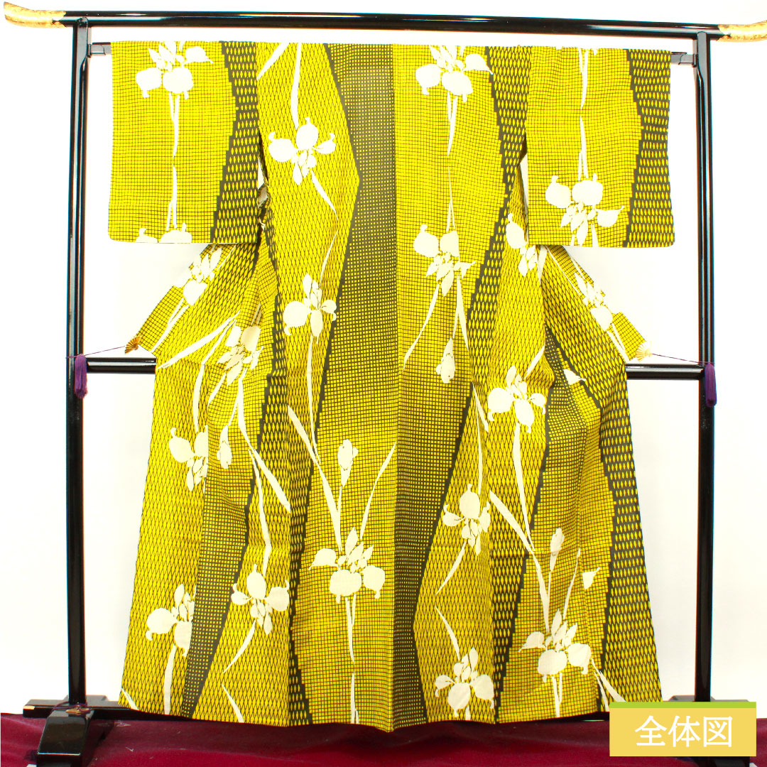 Yukata Cotton Length 160cm Sleeve length 67cm S rank Single layer Yellowish-colored Hiwairo Iris Geometric pattern 1118004792423