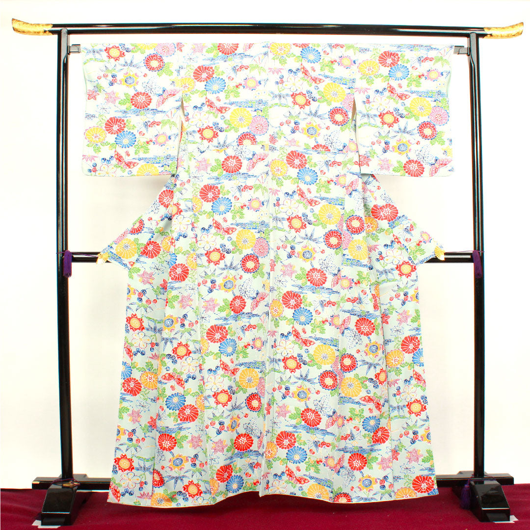 小紋 身丈160cm 裄丈64cm 袷 藍白色 京紅型 蝶 菊 正絹 Aランク 青系 1115003163417