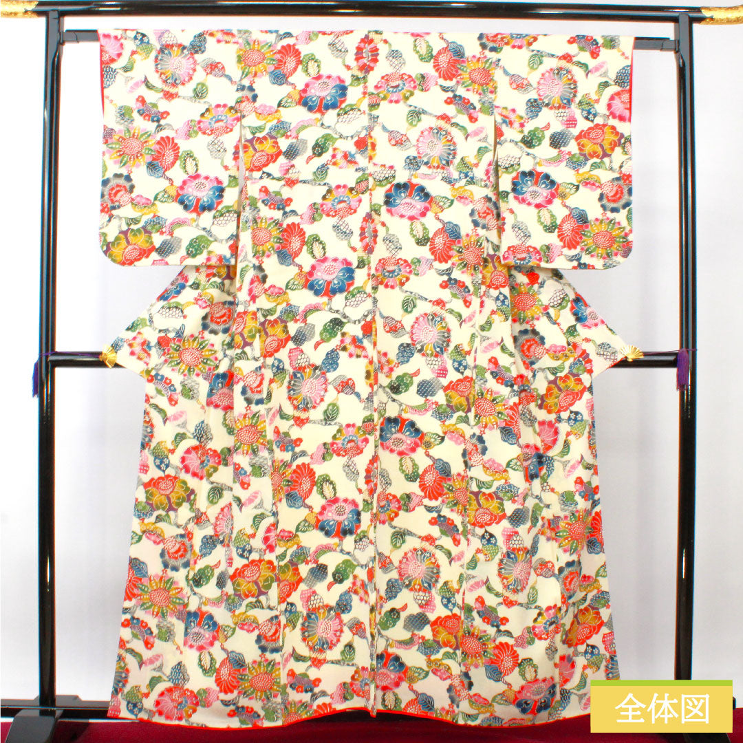 Komon, pure silk, length 158cm, sleeve length 62cm, lined, milky white, Kyoto Bingata, floral pattern, A rank, cream color, 1115004293315