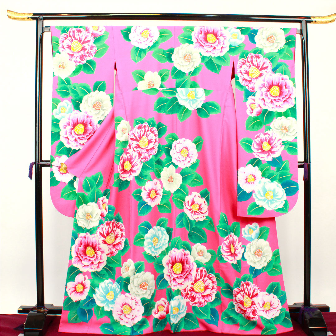 振袖 身丈169cm 裄丈67.5cm 袷 薔薇色 洗える着物 椿 ポリ Sランク ピンク系 1113001302513