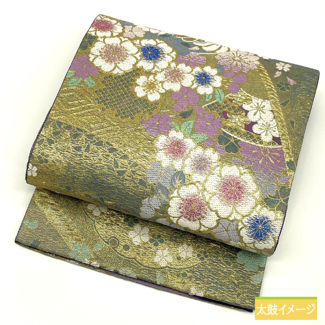 Fukuro obi, pure silk, S rank, reversible, Nishijin-ori, cherry blossoms, stripes, obi length 464cm, Rokutsu, formal, gradation, 1123017262499