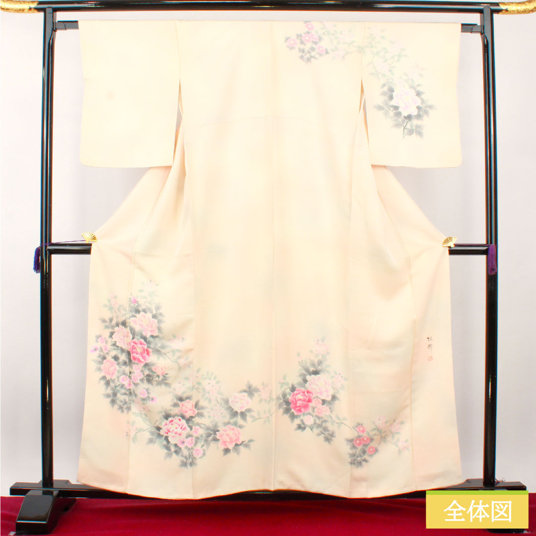 Homongi, pure silk, lined, length 159cm, sleeve length 65cm, hand-painted, floral pattern, artist's work, A rank, pink, 1112004553313