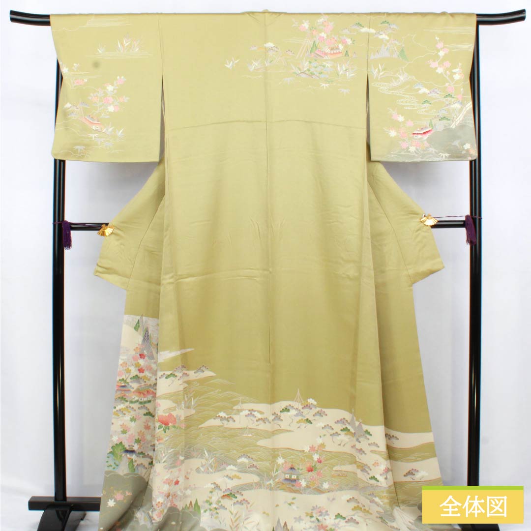 訪問着 正絹 Aランク 袷 身丈171.5cm 裄丈69cm 玉子鼠色(たまごねずいろ) 京友禅 網干 風景模様 黄系 1112006093623