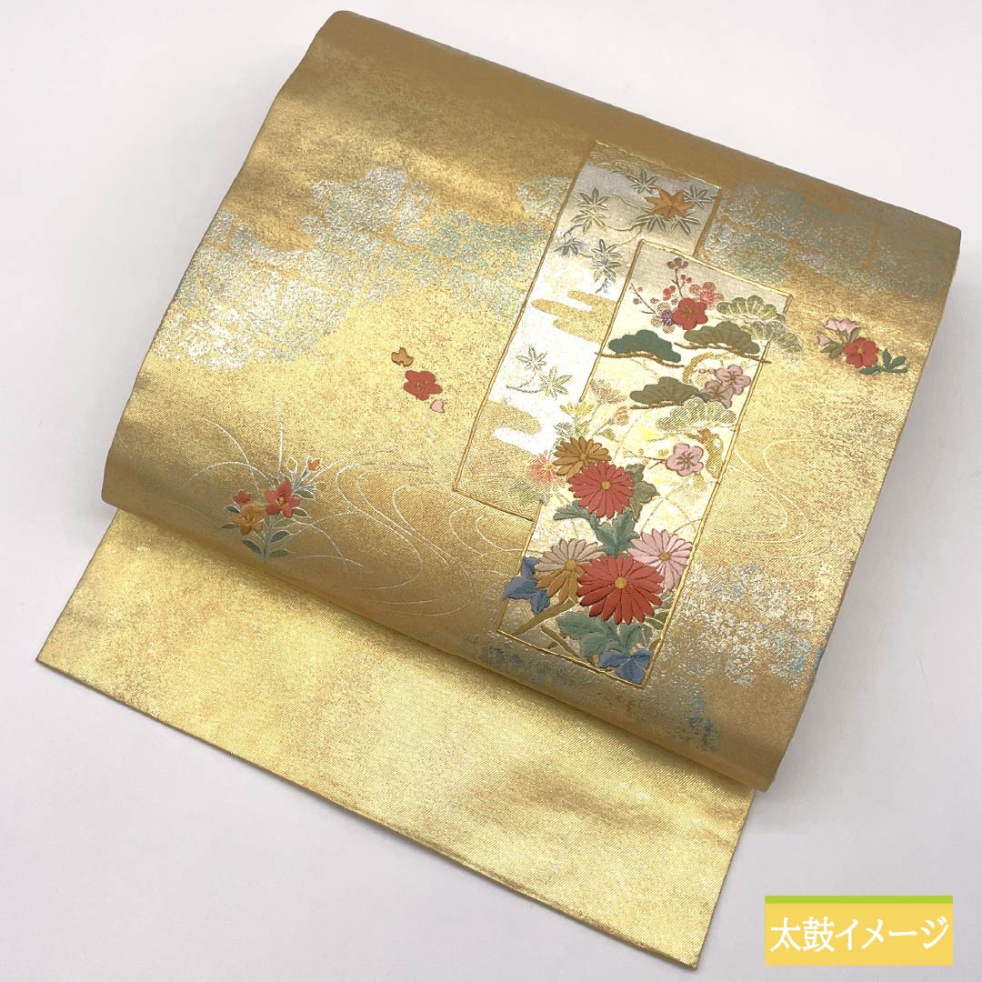 Nagoya Obi Embroidered with Chrysanthemum, Cherry Blossom, and Plum Blossom Designs, 360cm Long, Pure Silk, S-Rank, Pointed Pattern, Gold, Semi-Formal, 1124008532321, Nagoya Style