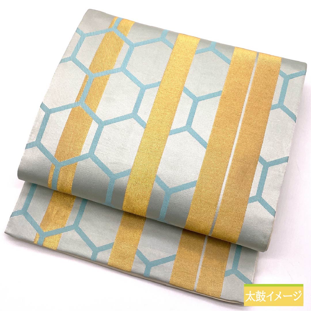 Fukuro Obi (Sash) - Pure Silk, White Indigo (Shirokiaiiro) - For Furisode (Long-sleeved Kimono) - Tortoise Shell Pattern - Length 442cm - A-Rank - Six-way - Formal - Light Blue - 1123013653324