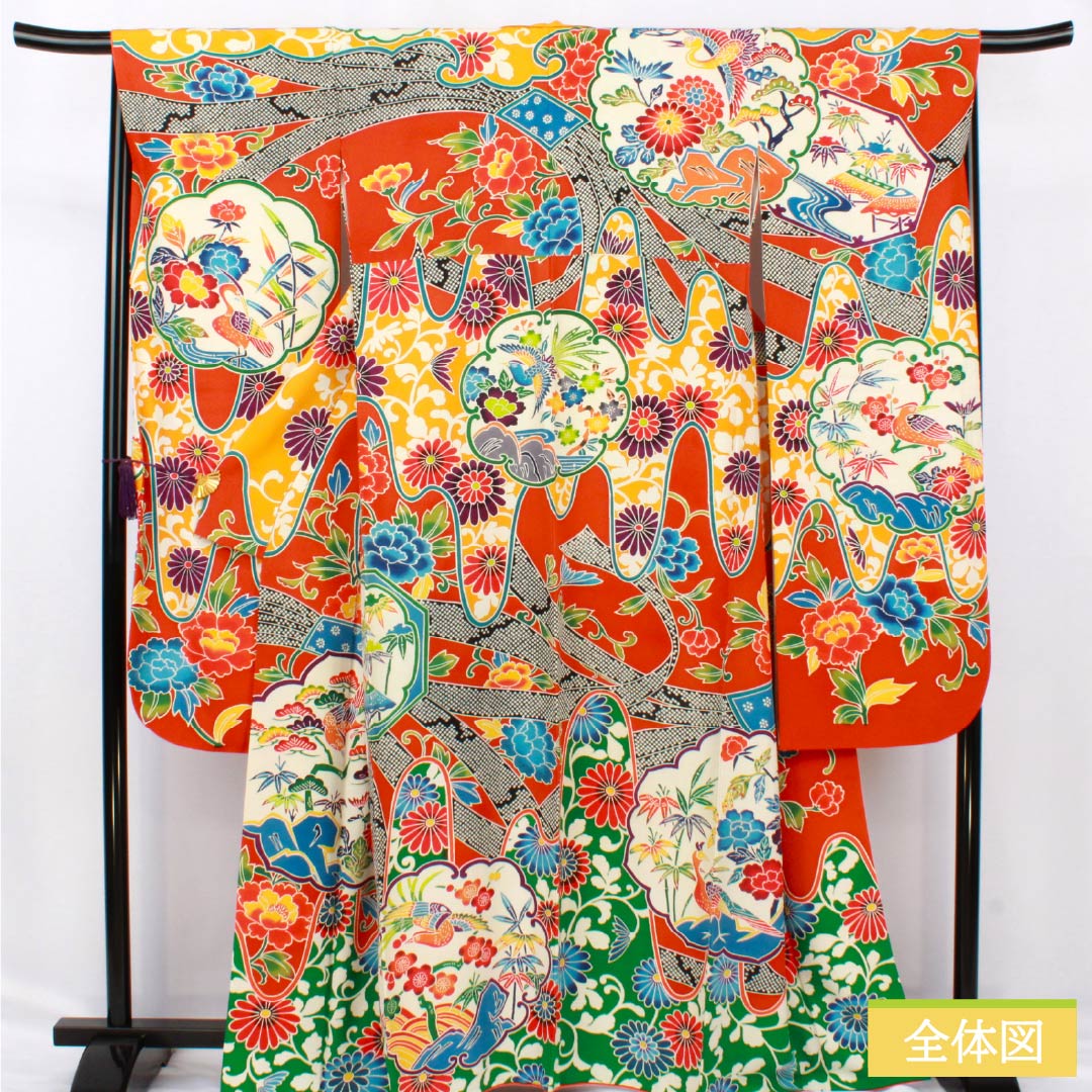 振袖 正絹 Aランク 身丈164cm 裄丈68cm 袷 銀朱色(ぎんしゅいろ) 京紅型 吉祥文様 松竹梅 橙系 1113002263426