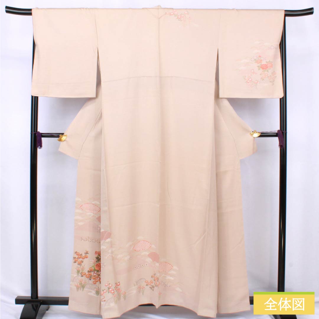 Visiting Kimono, Pure Silk, S-Rank, Lined, Length 159cm, Sleeve Length 68cm, Okina Brown (Okina-chairo), Kyoto Yuzen, Tsukesage, Suzhou Embroidery, Floating Carriage, Fan Design, Pink, Product Number: 1112006622313