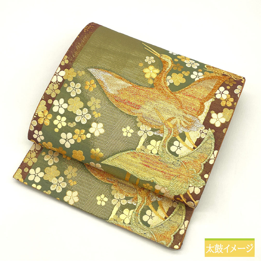 Formal, green-toned, pure silk obi with a crane design, bamboo, and plum motifs, suitable for furisode (long-sleeved kimono). Length: 436cm. Product code: 1123016502319.