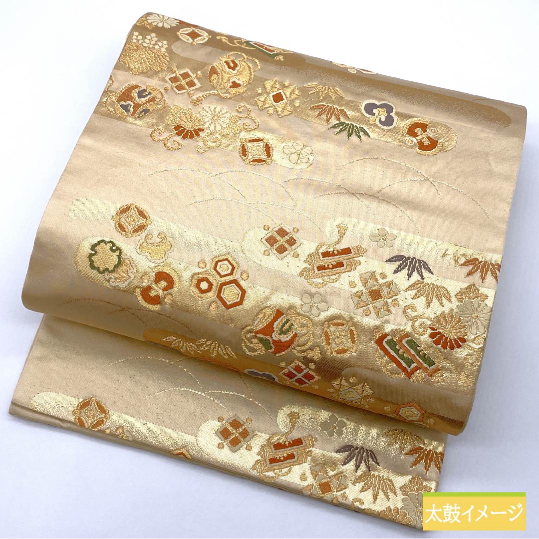Fukuro Obi (Sash) made of pure silk, walnut color, for Tomesode, Treasures, Flower Arabesque pattern, Length 430cm, S rank, Six-pass, Formal, Beige, 1123013582325