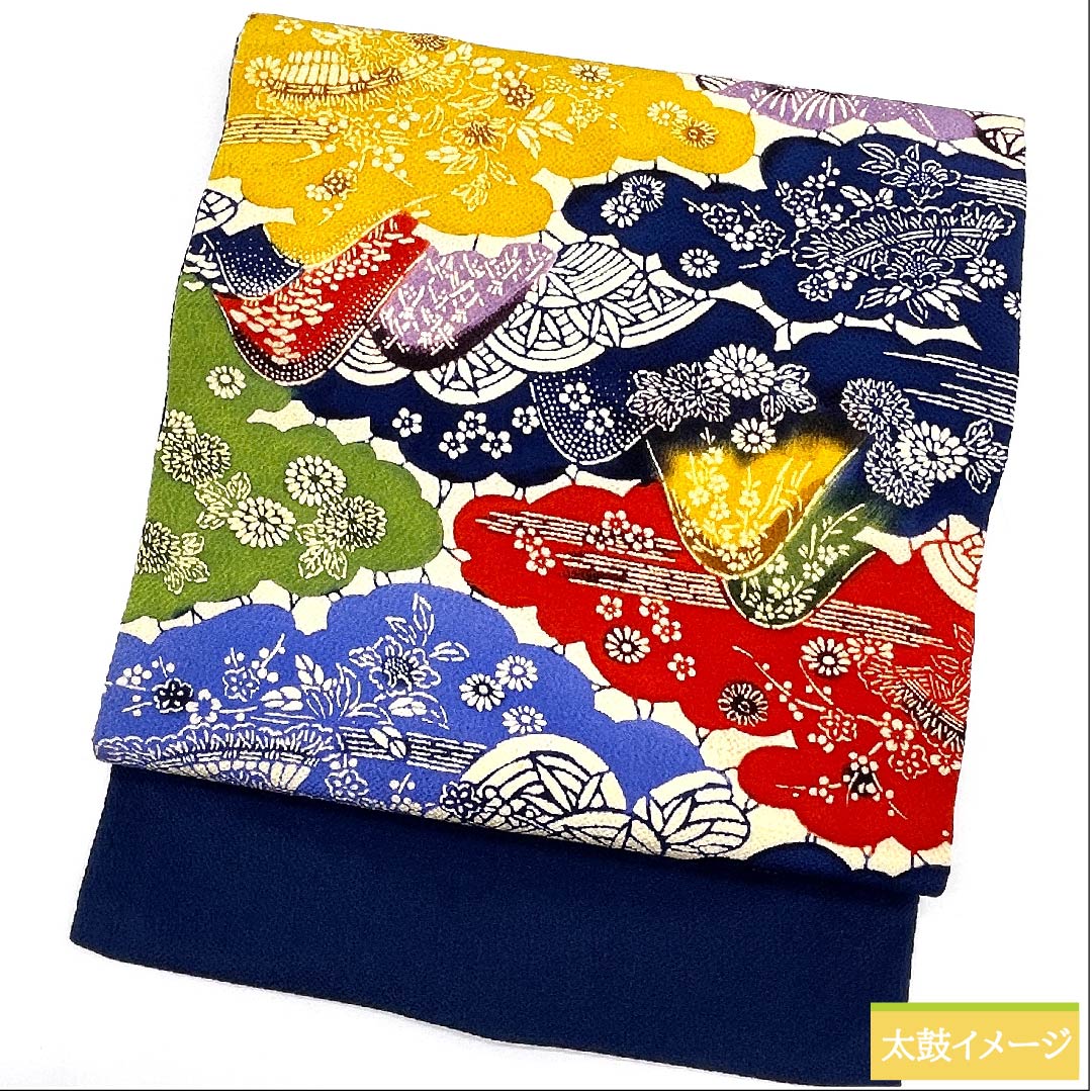 Nagoya obi, iron grape color, Kyoto Bingata, classic pattern, flower, plant motif, obi length 375cm, pure silk, S rank, six-pass, casual, blue, 1124005312317, Nagoya style