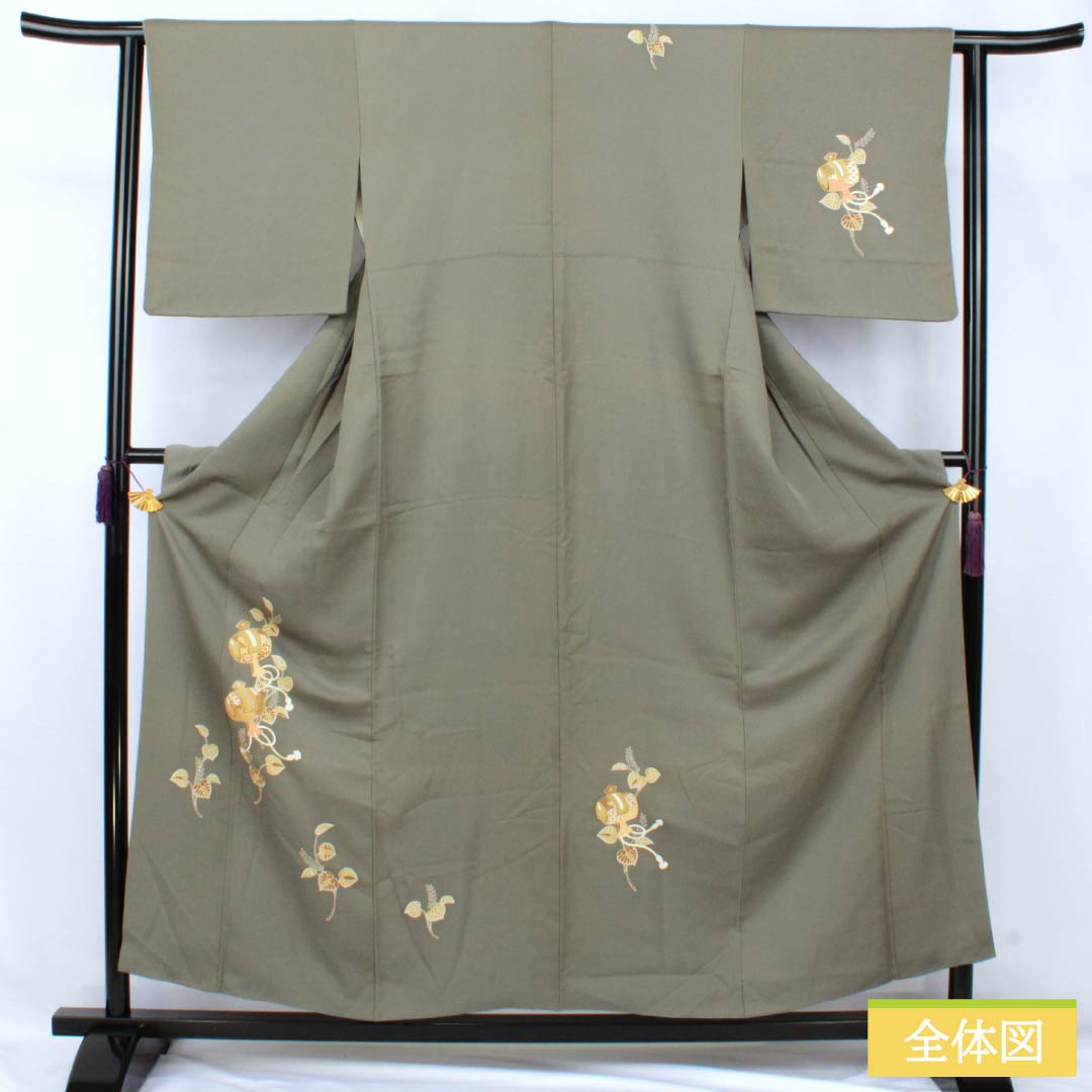 訪問着 正絹 Sランク 袷 身丈155cm 裄丈62.5cm 利休鼠色(りきゅうねずみいろ) 京友禅 付下げ 葵 小槌 スーパー鈴ガード 緑系 1112007212319