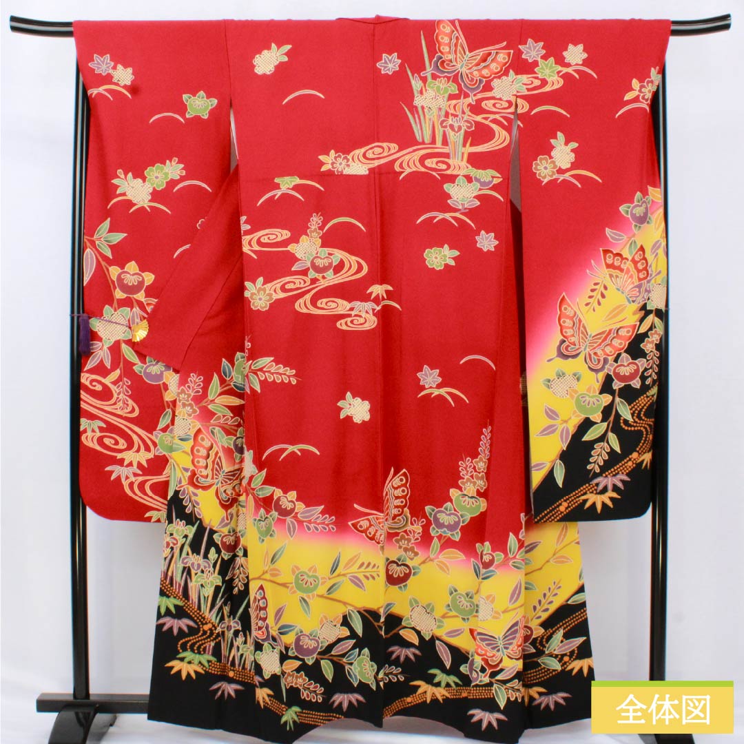 振袖 正絹 Aランク 身丈158.5cm 裄丈67cm 袷 紅赤色(べにあかいろ) 京紅型 吉祥文様 蝶 菖蒲 橘 赤系 1113002283312