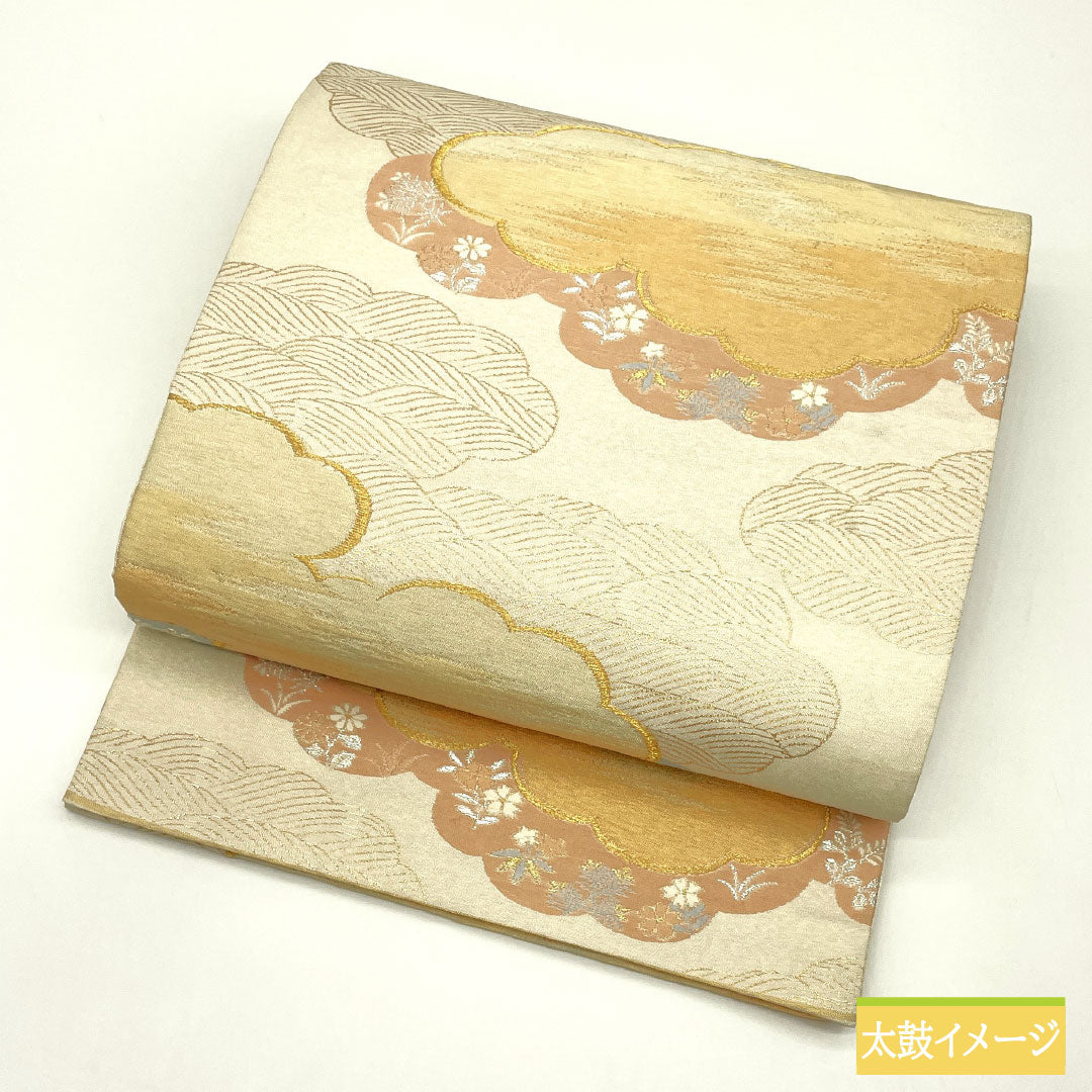 Fukuro obi, pure silk, A rank, Nishijin-ori, cloud patterns, small flowers, obi length 428cm, rokkutsu, formal, silver tones, 1123017233322
