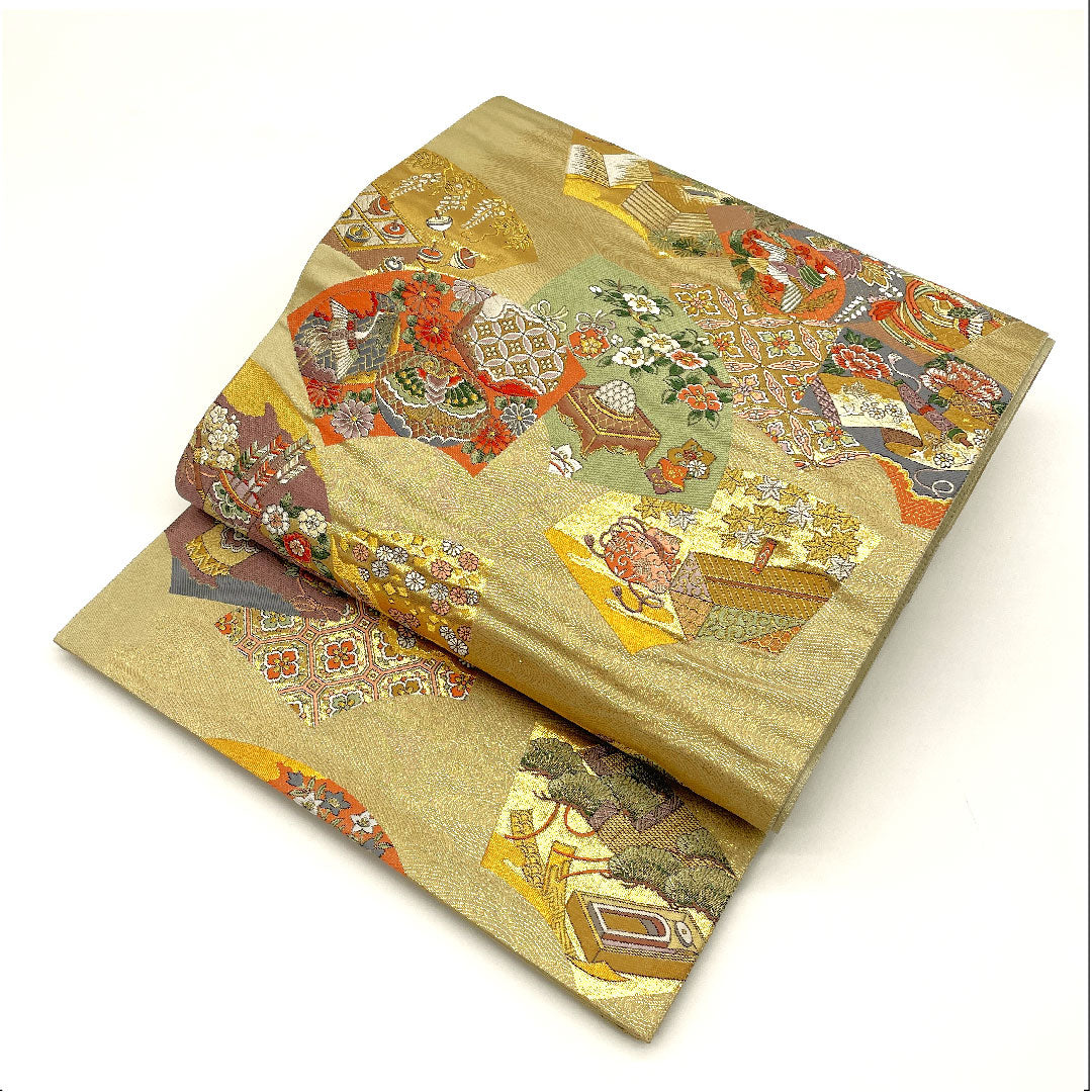 Fukuro Obi (Bag) with auspicious motif, obi length 424cm, pure silk, S rank, six-pass, formal, gold, 1123002682321