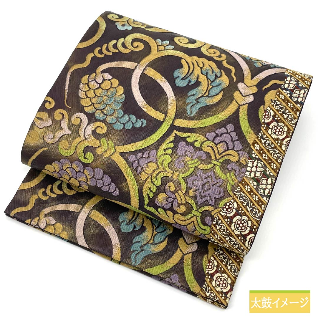 Pure silk obi with a grape arabesque and floral motif, length 440cm, S rank, six-fold, semi-formal, gradient pattern, product number 1123014822399