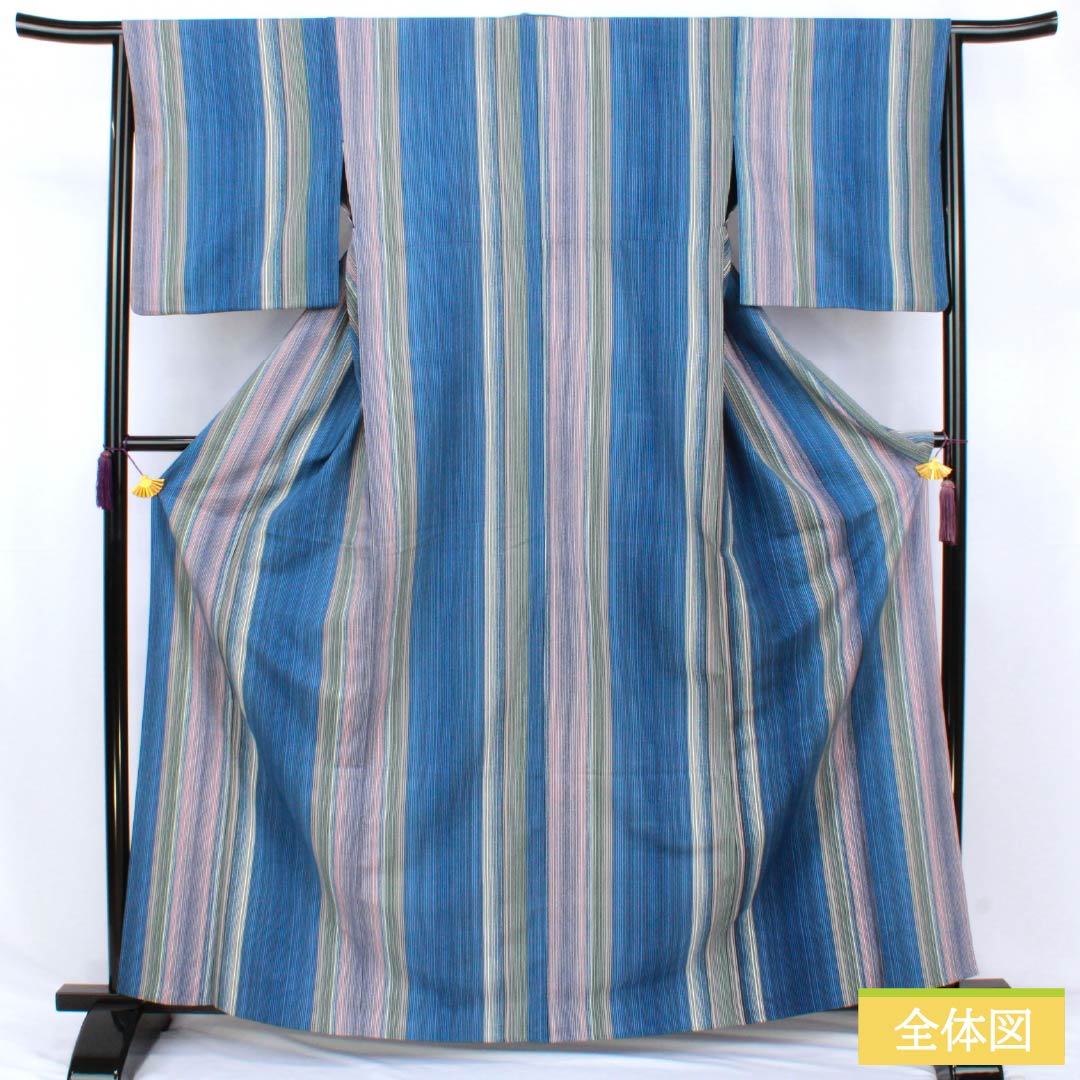 Kimono, Polyester, Rank A, Length 164cm, Sleeve-to-sleeve 64.5cm, Unlined, Light Ultramarine, Stenciled Stripes, Washable Kimono, Blue-toned, 1115007903417