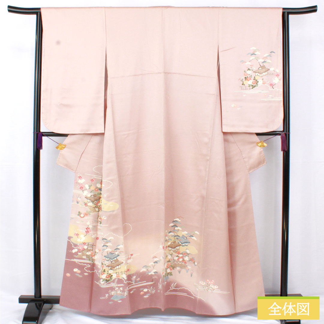 訪問着 正絹 袷 身丈160.5cm 裄丈63cm 白梅色(しらうめいろ) 京友禅 茶屋辻模様 Bランク ピンク系 1112005894413