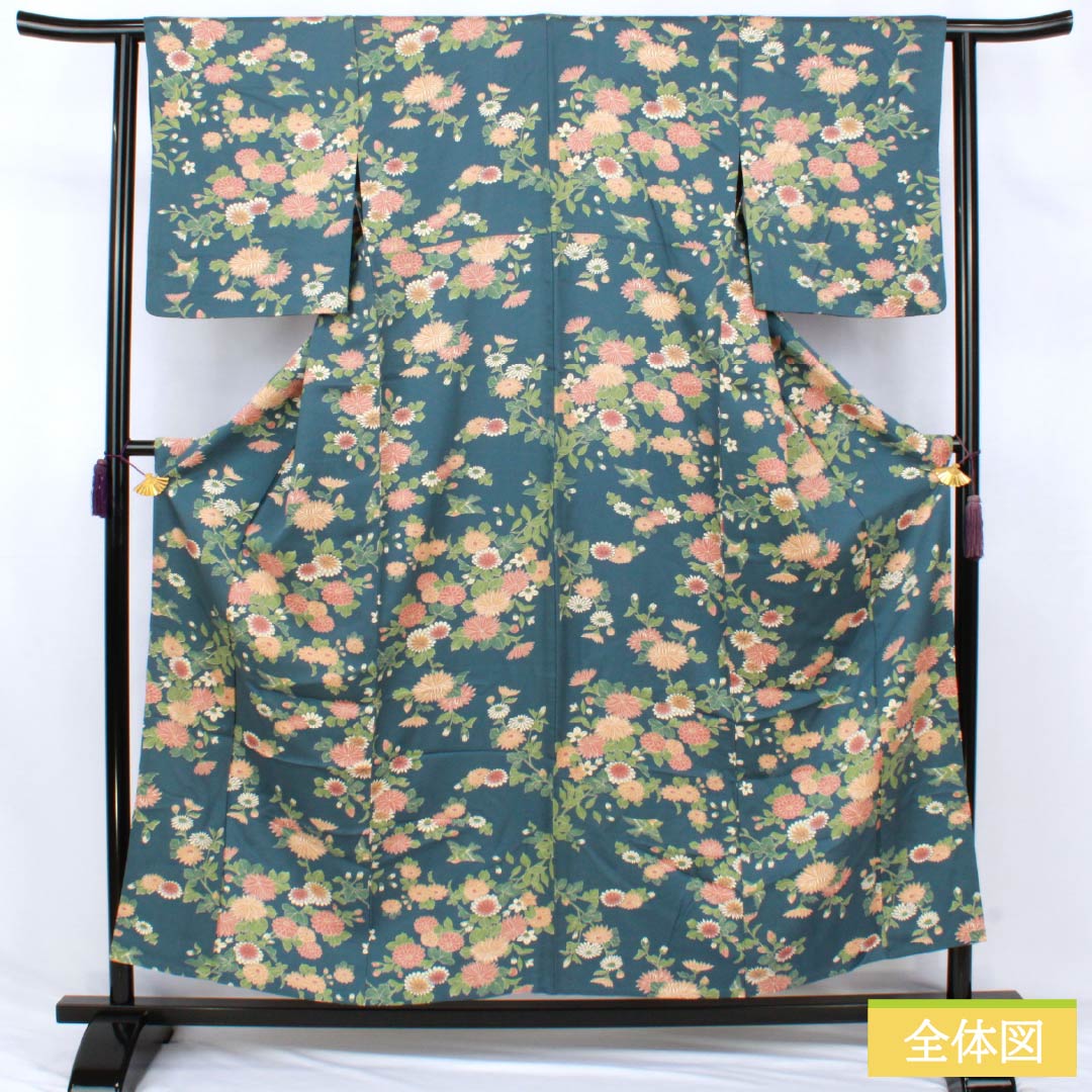 Polyester Komon, Rank A, Length 155.5cm, Sleeve-to-sleeve 62cm, Unlined, Ura-iro color, Katazome, Chrysanthemum, Bird, Washable Kimono, Blue, 1115007893317