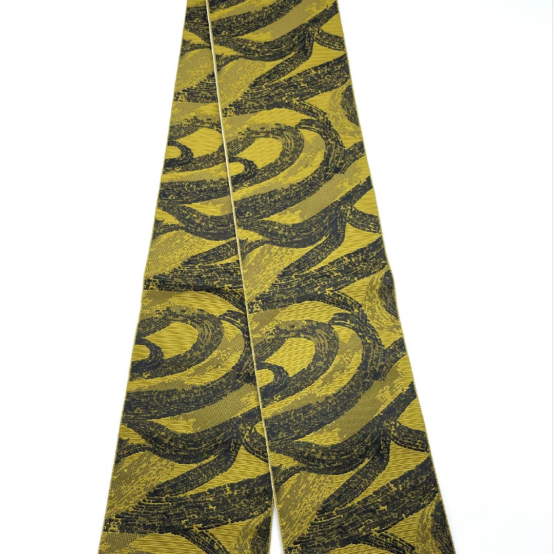 (New) Half-width obi, polyester, New rank, Rokōcha (light brown) and Torinoko (light yellow) with geometric patterns, reversible, obi length 400cm, green family, 1125002671419