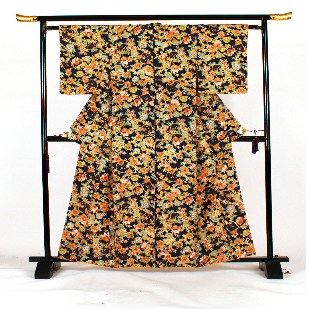 小紋 身丈162.5cm 裄丈63.5cm 袷 草花模様 正絹 Sランク 紺系 1115001422418