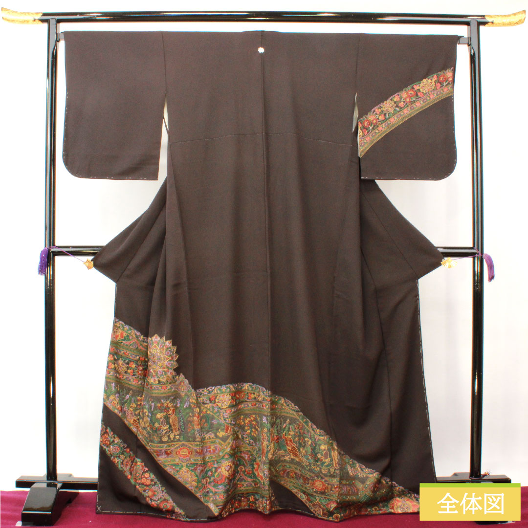 訪問着 正絹 袷 身丈167cm 裄丈67.5cm 蘇州刺繡 汕頭刺繡 しつけ糸付き 欧風文様 一つ紋 揚羽蝶 Sランク 茶系 1112003982514