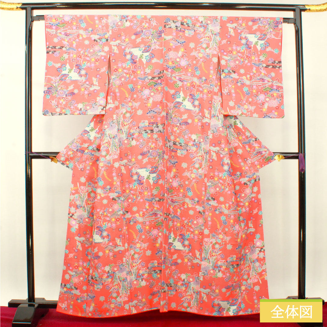 Komon, pure silk, length 161.5cm, sleeve length 64.5cm, lined, medium crimson, Kyoto Bingata, auspicious motif, S rank, pink, 1115004022413
