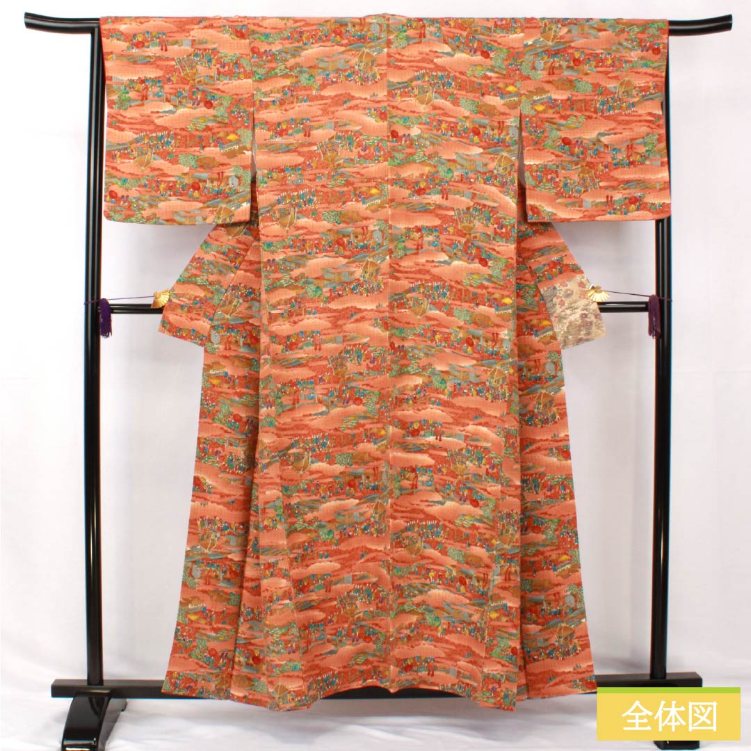 Komon, pure silk, length 155.5cm, sleeve length 66cm, lined, copper color (akaganeiro), historical picture scroll, S rank, brown, 1115005042314