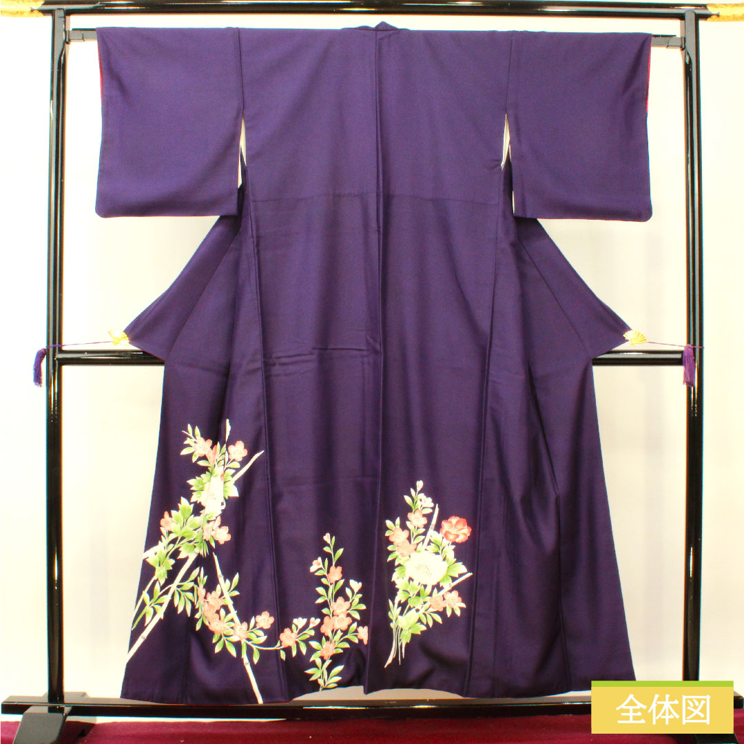 Homongi (formal kimono) made of polyester, lined, length 155.5cm, sleeve length 64.5cm, dark blue, washable, floral pattern, tsukesage, A rank, purple, 1112004233320