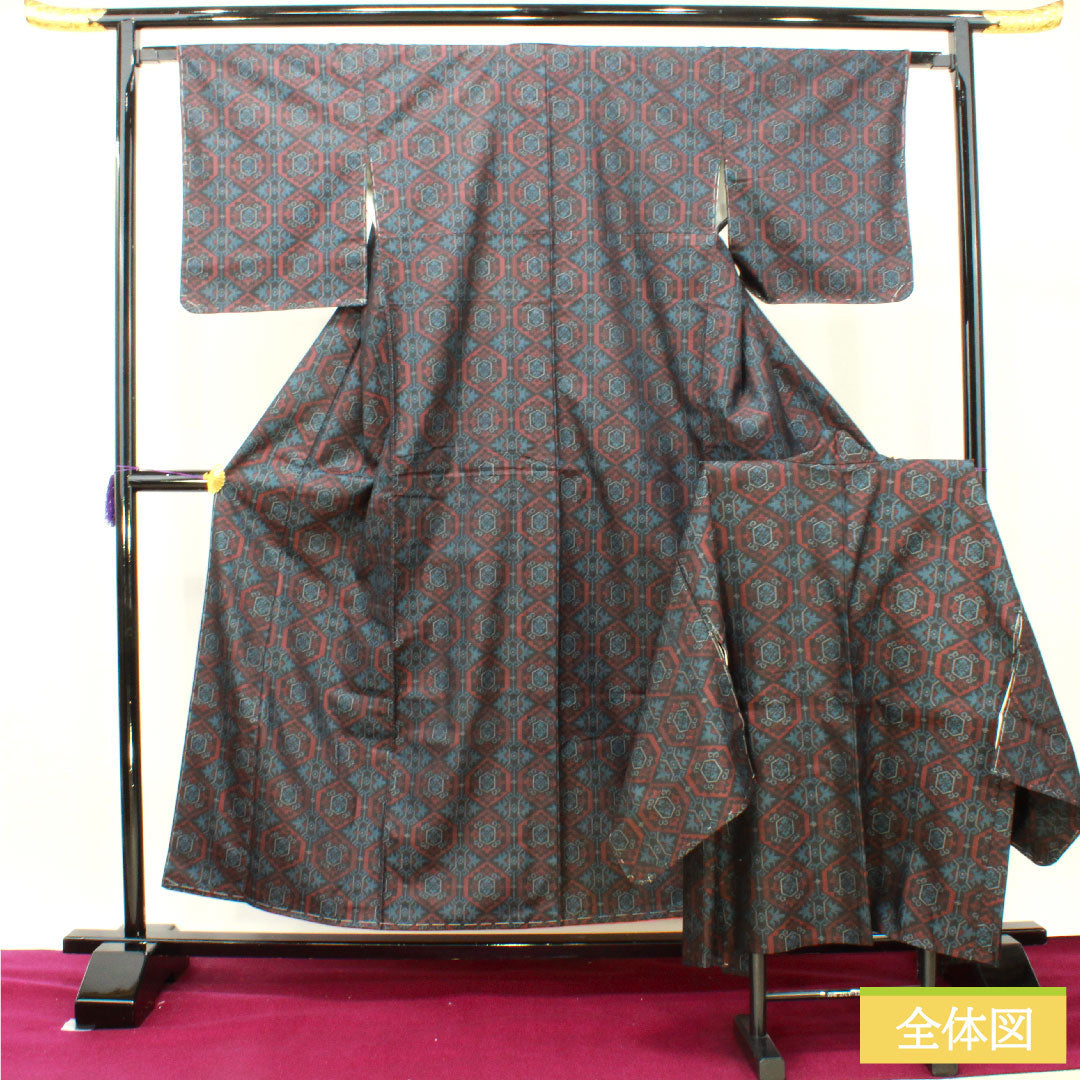 Murayama Oshima, pure silk, length 156.5cm, sleeve length 65cm, ensemble, abstract pattern, basting thread included, unused, S rank, lined, navy blue, 1116003232318