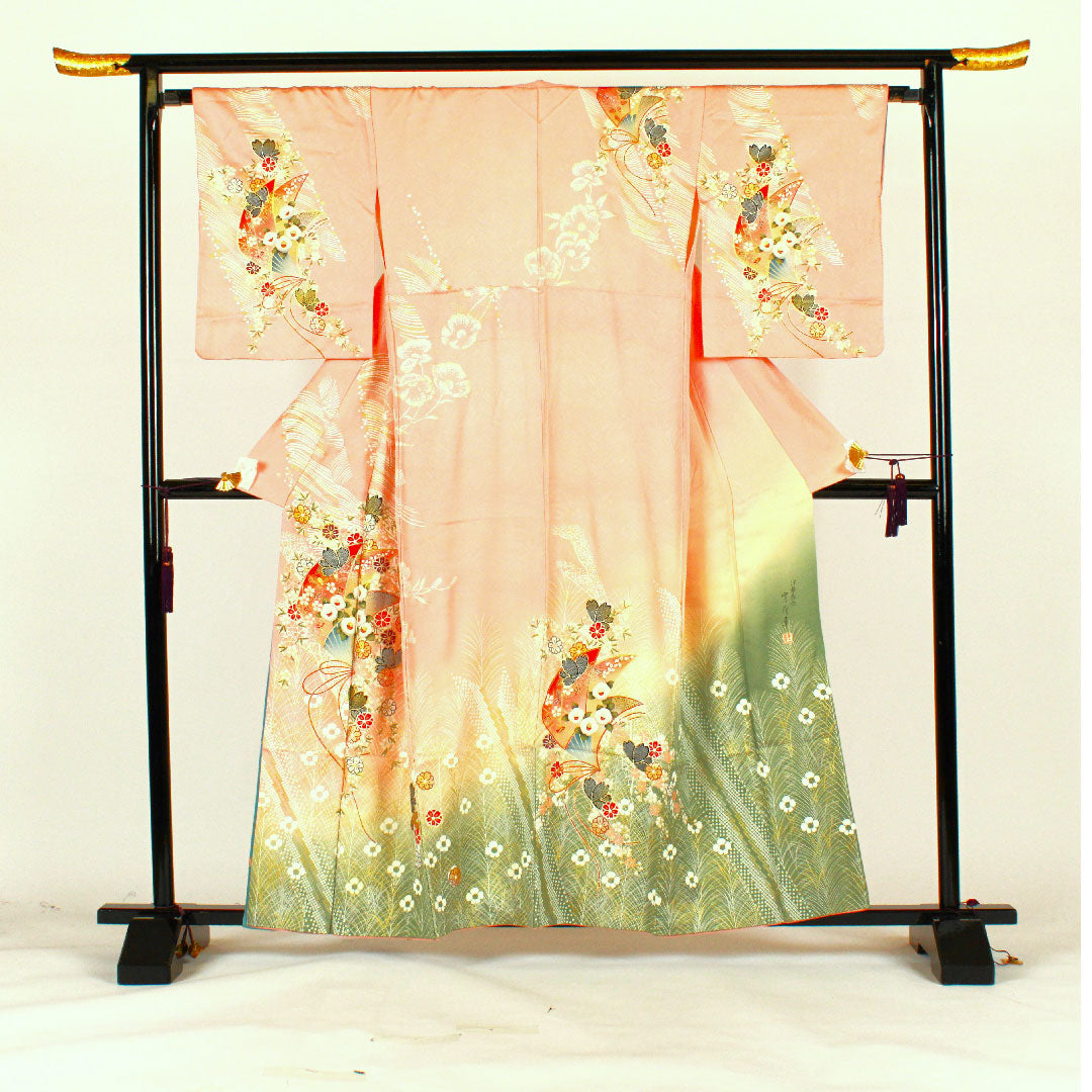 訪問着 袷 身丈160cm 裄丈66cm 京友禅 鳳凰 吉祥文様 正絹 Aランク ピンク系 1112001073413