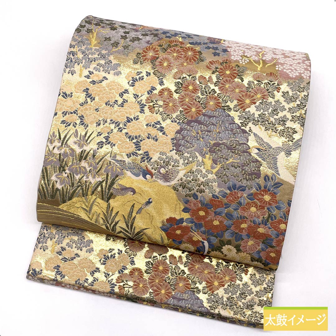 Fukuro Obi, pure silk, gold color, crane, phoenix, mandarin ducks, landscape, obi length 432cm, S rank, six-way, formal, gold-based, 1123012062321