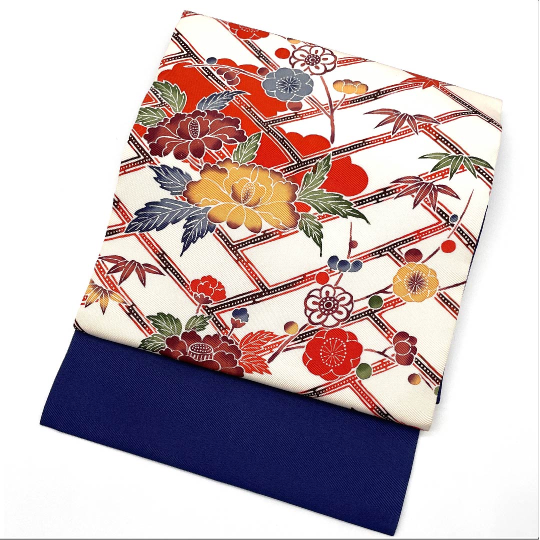 Nagoya obi, white, Kyo-Bingata, peony, plum, bamboo, obi length 364.5cm, pure silk, A rank, point pattern, casual, white, 1124004803311, Nagoya style