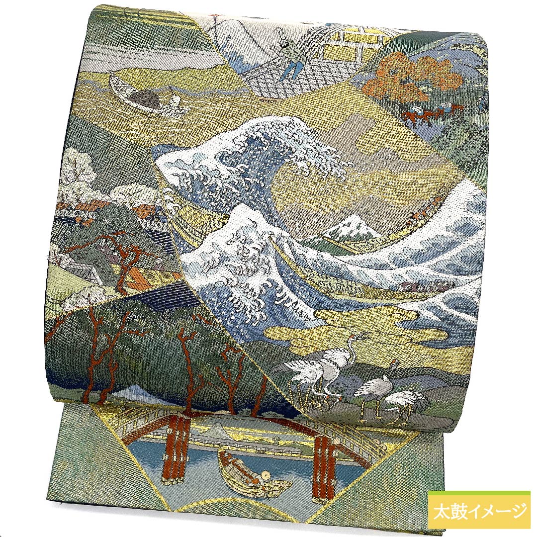 袋帯 正絹 玉虫色 留袖用 時代人物風景模様 帯丈437cm Sランク 全通 フォーマル 緑系 1123010922319